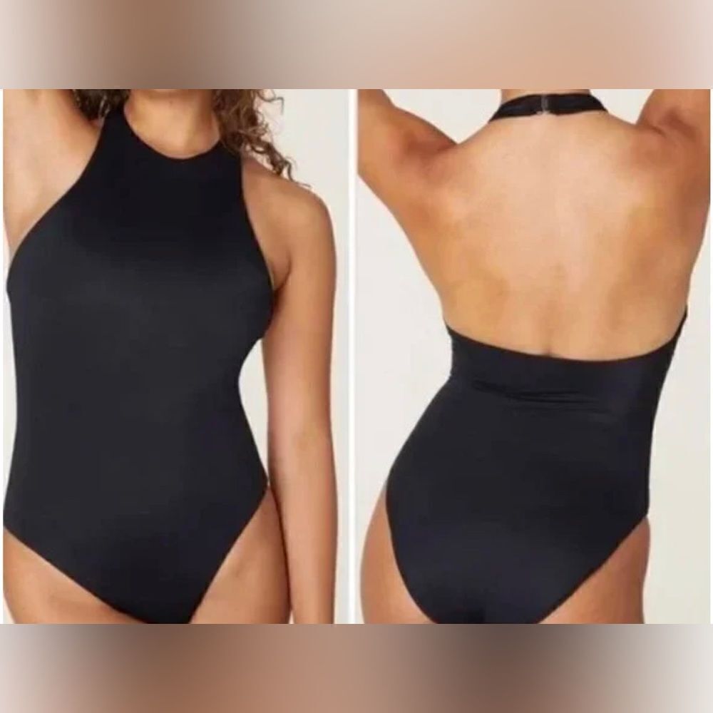 Andie The Luzon One Piece Eco Halter Neck Open Back Swimsuit Black NWT Size M